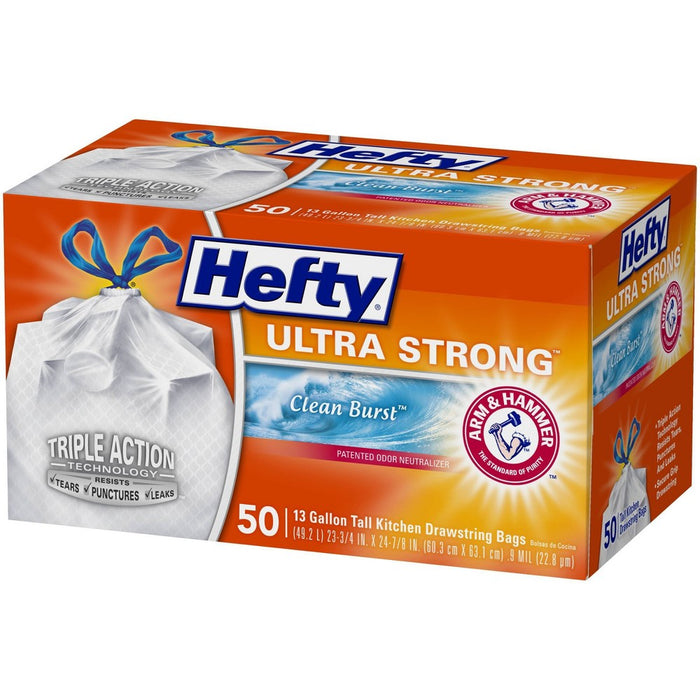 Hefty Ultra Strong Tall Kitchen Drawstring Trash Bags - Clean Burst Scent - 13 Gallon - 50ct