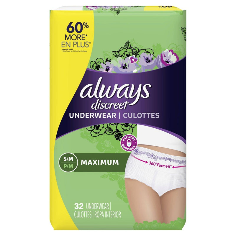 Always Discreet Incontinence Underwear, Maximum Absorbency, Small/Medium, 32ct