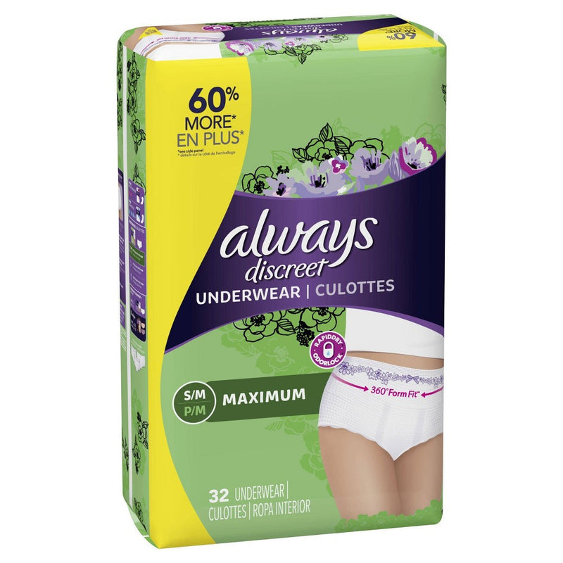 Always Discreet Incontinence Underwear, Maximum Absorbency, Small/Medium, 32ct