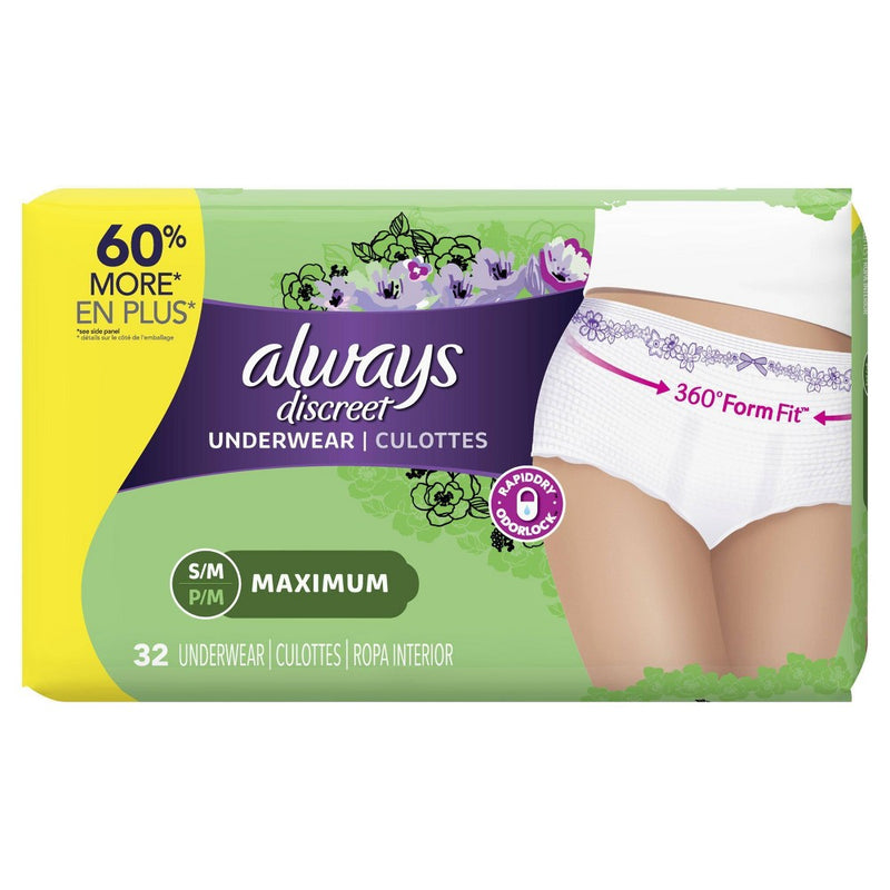 Always Discreet Incontinence Underwear, Maximum Absorbency, Small/Medium, 32ct