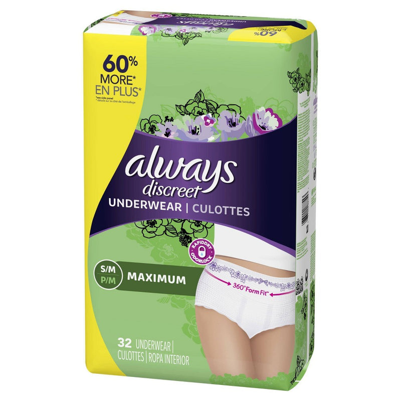 Always Discreet Incontinence Underwear, Maximum Absorbency, Small/Medium, 32ct