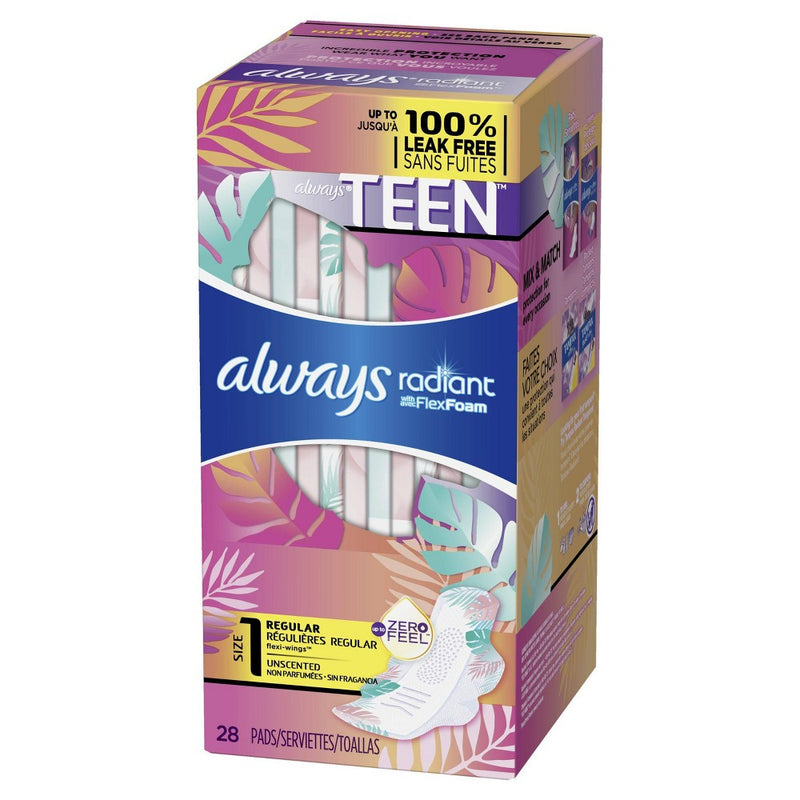 Always Radiant Teen Pads Regular Absorbency & Unscented - 28ct