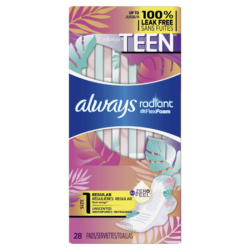 Always Radiant Teen Pads Regular Absorbency & Unscented - 28ct