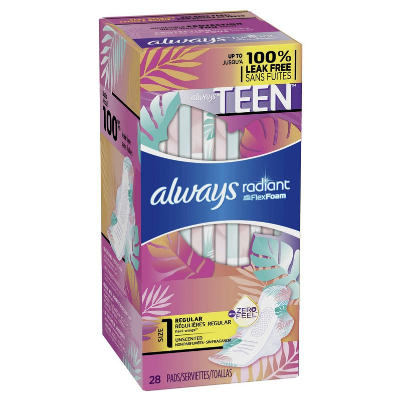 Always Radiant Teen Pads Regular Absorbency & Unscented - 28ct