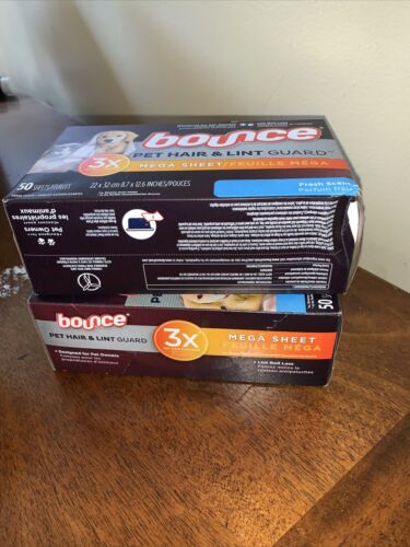 Bounce Dryer Sheets - Pet Hair & Lint Guard - Mega Sheet - Fresh Scent - 50 Count Sheets Per Box - One (1) Box