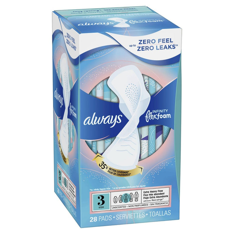Always Infinity FlexFoam Pads for Women - Extra Heavy Absorbency - Unscented - Size 3 - 28ct