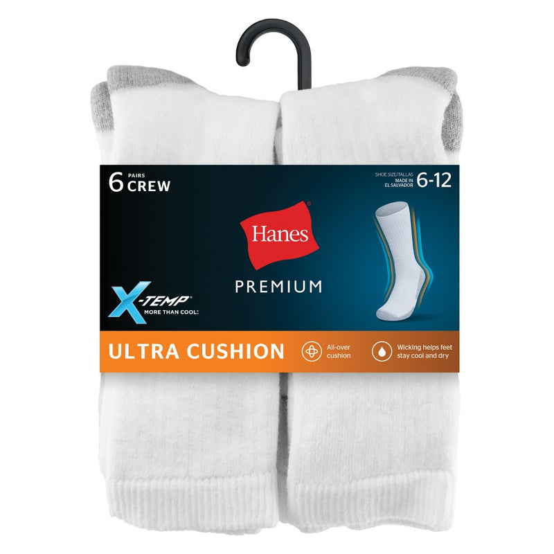 Hanes Premium Men's X-Temp Ultra Cushion Crew Socks 6pk - White 6-12