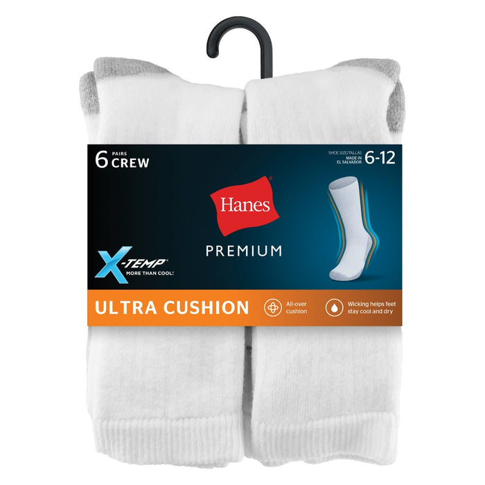 Hanes Premium Men's X-Temp Ultra Cushion Crew Socks 6pk - White 6-12