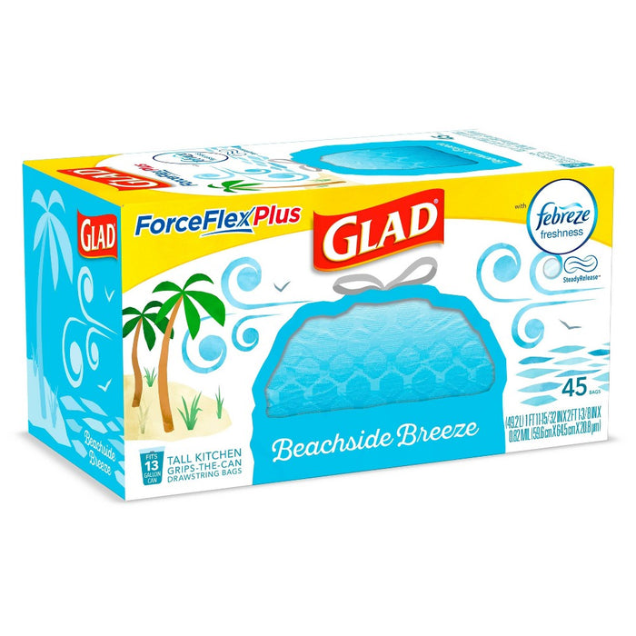 Glad ForceFlexPlus + Tall Kitchen Drawstring Trash Bags - Febreze Beachside Breeze - 13 Gallon - 45ct