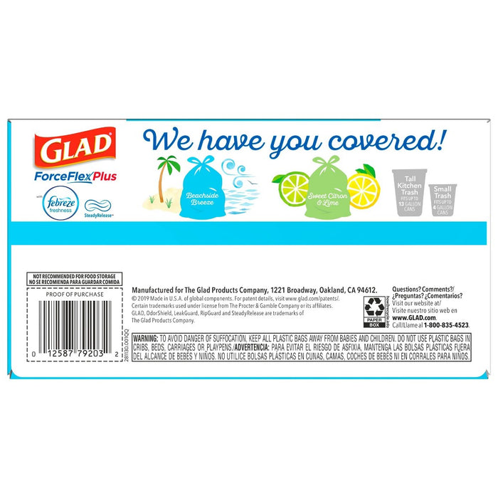Glad ForceFlexPlus + Tall Kitchen Drawstring Trash Bags - Febreze Beachside Breeze - 13 Gallon - 45ct