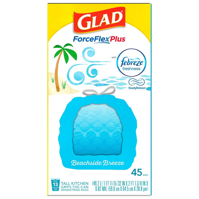 Glad ForceFlexPlus + Tall Kitchen Drawstring Trash Bags - Febreze Beachside Breeze - 13 Gallon - 45ct