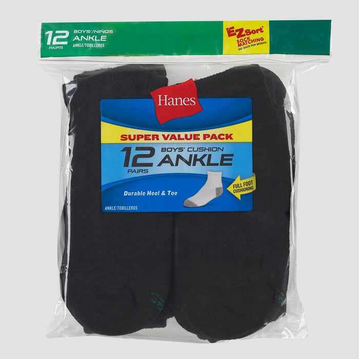Hanes Boys' 12pk Cushioned Ankle Socks - Black L