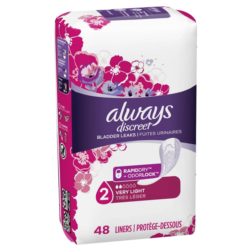 Always Discreet Incontinence and Postpartum Incontinence Liners - Very Light Absorbency - Regular Length - 48ct