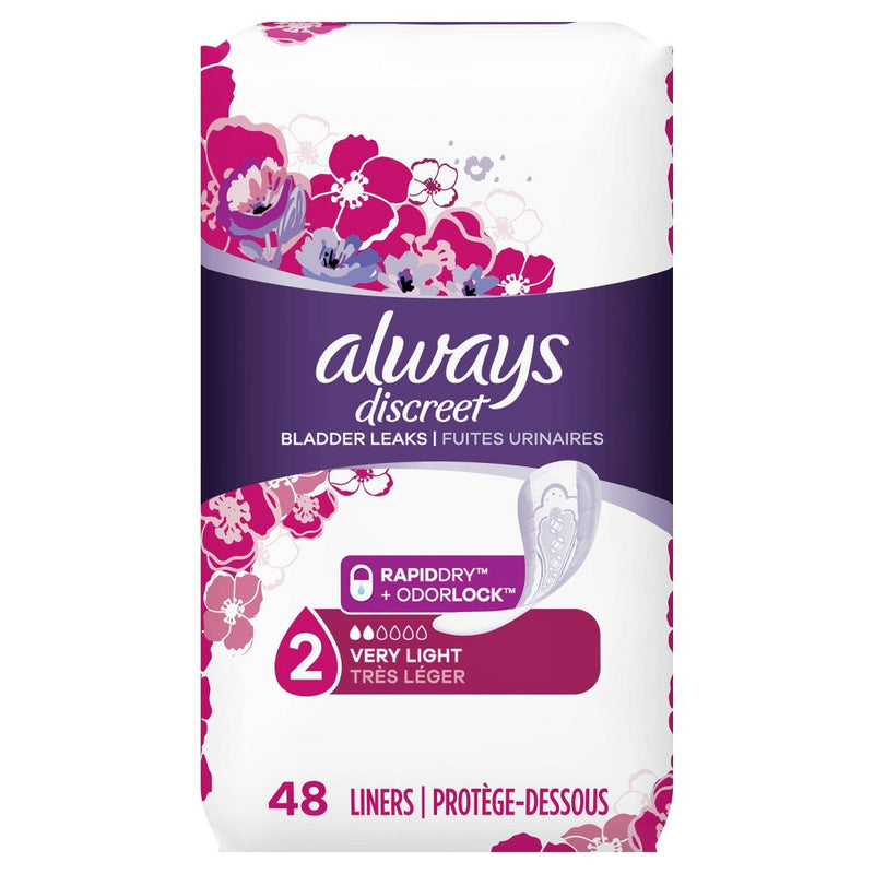Always Discreet Incontinence and Postpartum Incontinence Liners - Very Light Absorbency - Regular Length - 48ct