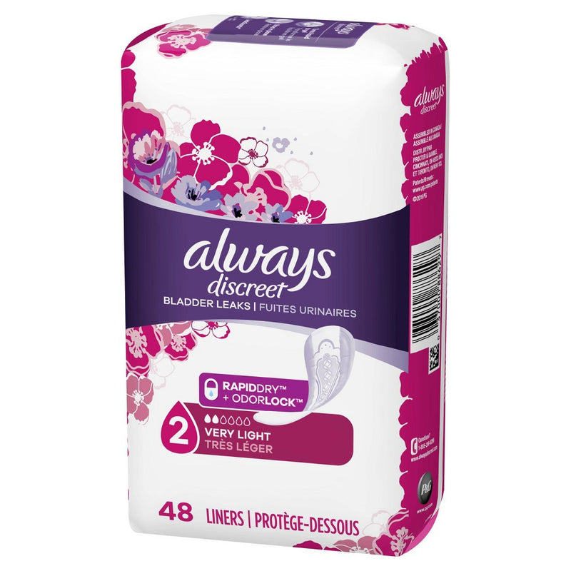 Always Discreet Incontinence and Postpartum Incontinence Liners - Very Light Absorbency - Regular Length - 48ct