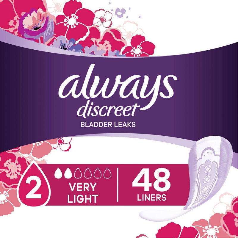 Always Discreet Incontinence and Postpartum Incontinence Liners - Very Light Absorbency - Regular Length - 48ct