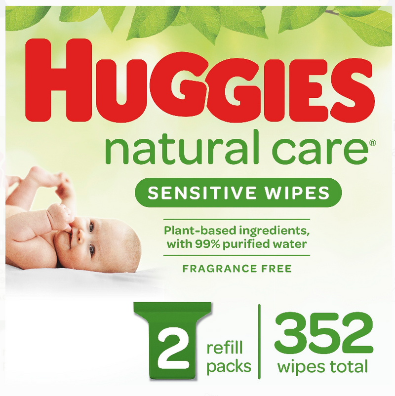 HUGGIES Natural Care Unscented Baby Wipes, Sensitive, 2 Refill Packs (352 Total Wipes)