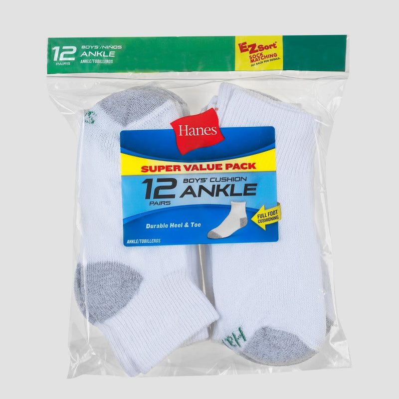 Hanes Boys' 12pk Cushioned Ankle Socks - White S