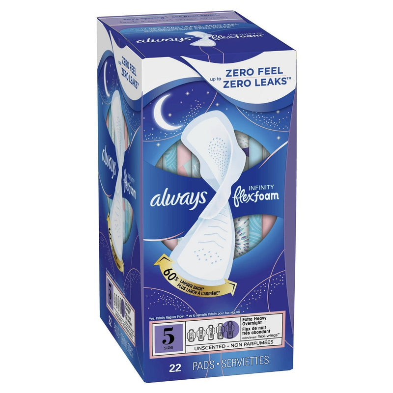 Always Infinity Extra Heavy Absorbency Overnight FlexFoam Sanitary Pads with Wings - Unscented - Size 5