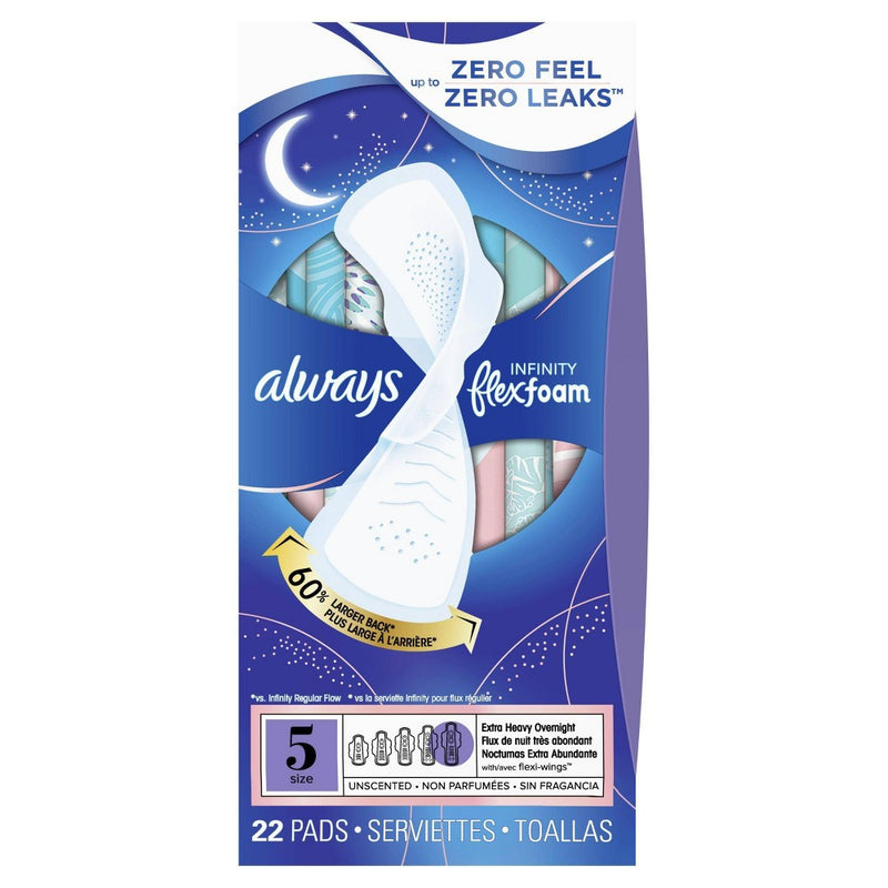 Always Infinity Extra Heavy Absorbency Overnight FlexFoam Sanitary Pads with Wings - Unscented - Size 5