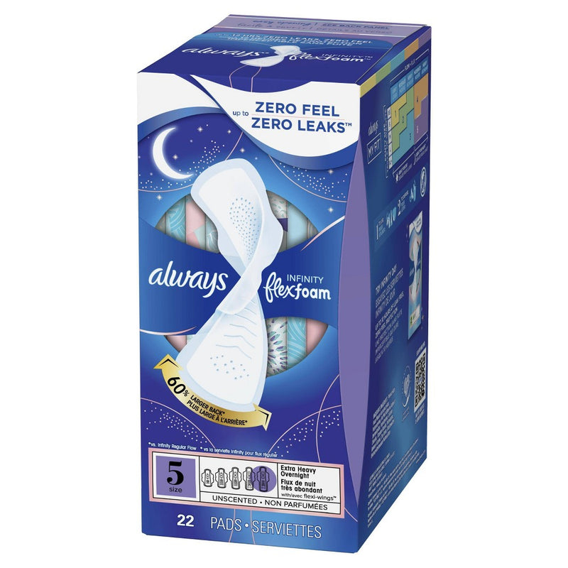 Always Infinity Extra Heavy Absorbency Overnight FlexFoam Sanitary Pads with Wings - Unscented - Size 5