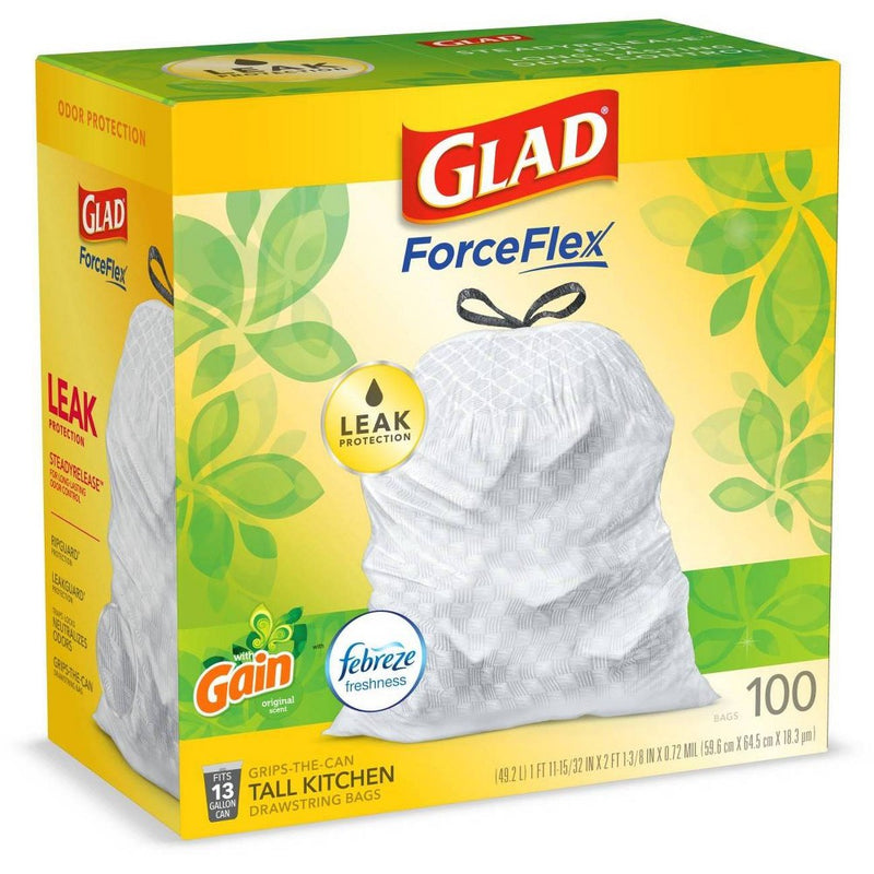 Glad Tall Kitchen Drawstring Trash Bags OdorShield 13 Gallon - Gain Original with Febreze Freshness - 100ct
