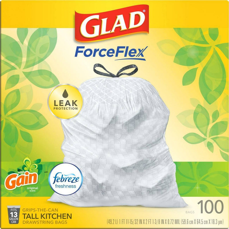 Glad Tall Kitchen Drawstring Trash Bags OdorShield 13 Gallon - Gain Original with Febreze Freshness - 100ct