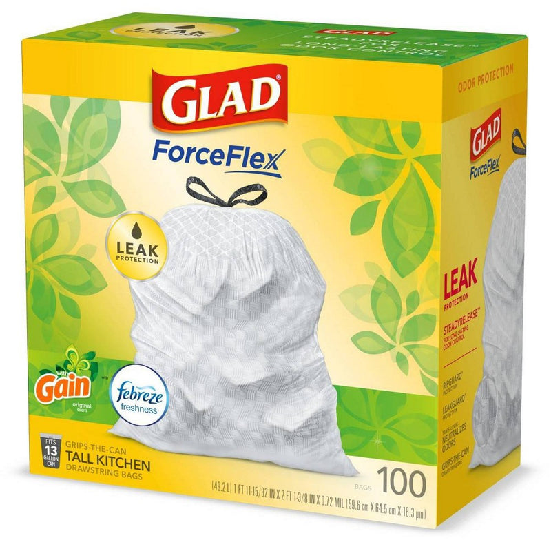 Glad Tall Kitchen Drawstring Trash Bags OdorShield 13 Gallon - Gain Original with Febreze Freshness - 100ct