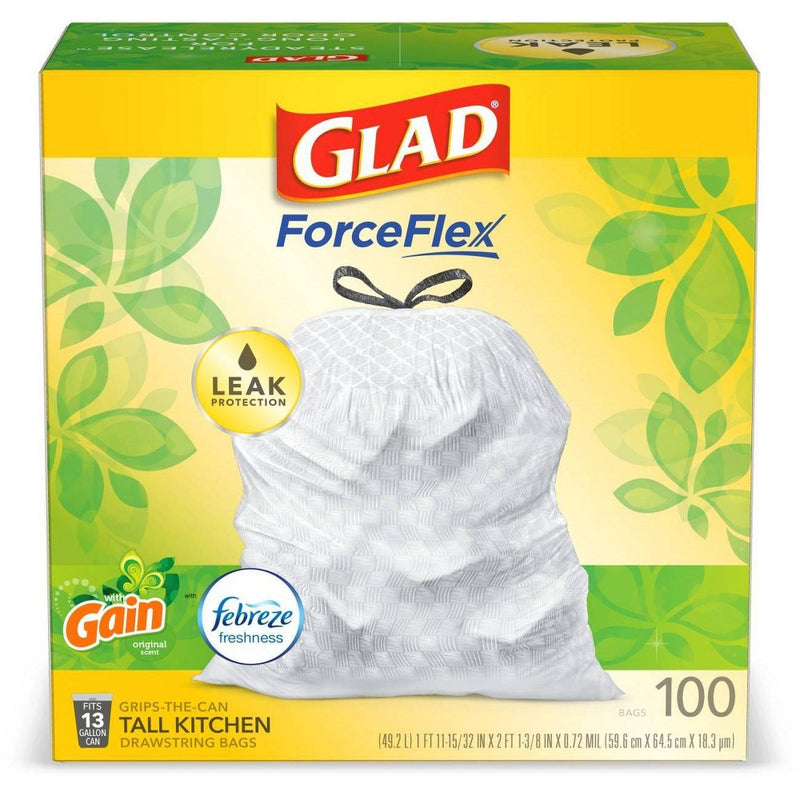 Glad Tall Kitchen Drawstring Trash Bags OdorShield 13 Gallon - Gain Original with Febreze Freshness - 100ct