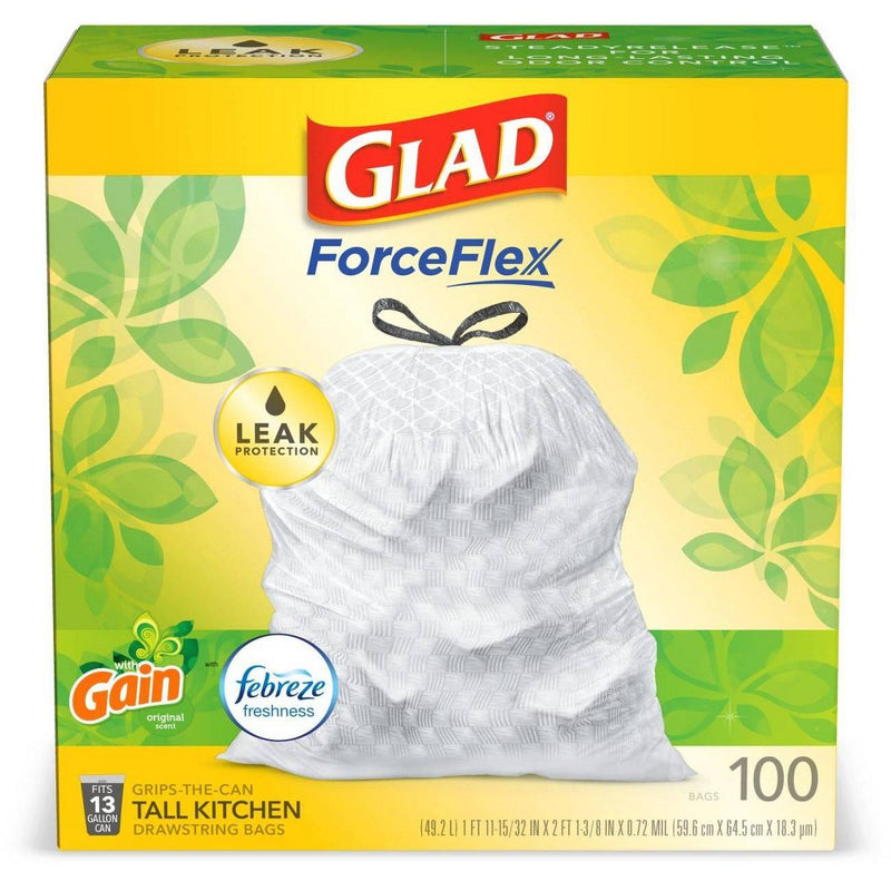 Glad Tall Kitchen Drawstring Trash Bags OdorShield 13 Gallon - Gain Original with Febreze Freshness - 100ct