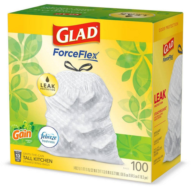 Glad Tall Kitchen Drawstring Trash Bags OdorShield 13 Gallon - Gain Original with Febreze Freshness - 100ct