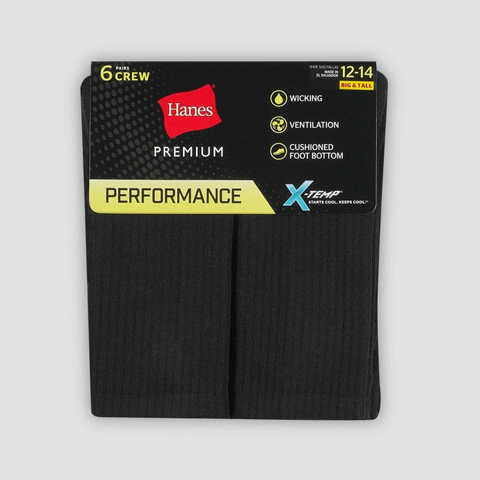 Men's Big & Tall Hanes Premium Performance Cushioned Crew Sock 6pk - Black 12-14