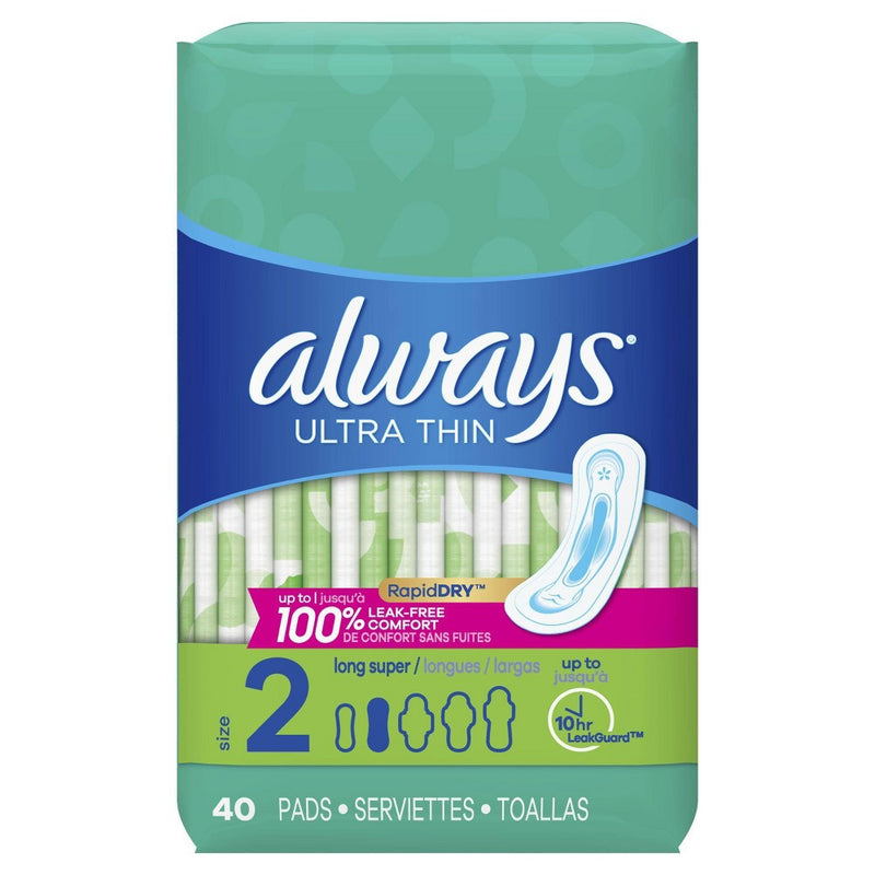 Always Ultra Thin Pads Size 2 Super Long Absorbency Unscented Without Wings - 40ct