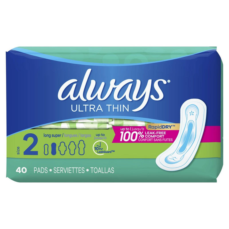 Always Ultra Thin Pads Size 2 Super Long Absorbency Unscented Without Wings - 40ct