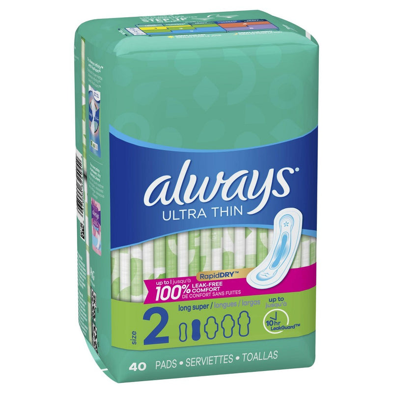 Always Ultra Thin Pads Size 2 Super Long Absorbency Unscented Without Wings - 40ct
