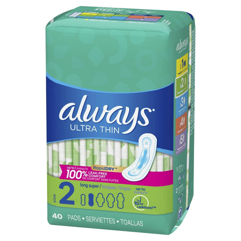 Always Ultra Thin Pads Size 2 Super Long Absorbency Unscented Without Wings - 40ct