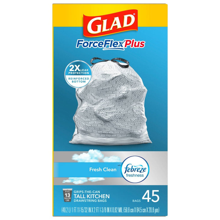 Glad Tall Kitchen Drawstring Trash Bags - ForceFlexPlus - 13 Gallon - White Febreze Fresh Clean - 45ct