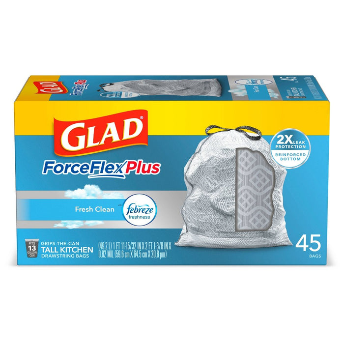 Glad Tall Kitchen Drawstring Trash Bags - ForceFlexPlus - 13 Gallon - White Febreze Fresh Clean - 45ct