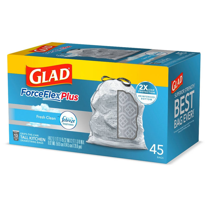 Glad Tall Kitchen Drawstring Trash Bags - ForceFlexPlus - 13 Gallon - White Febreze Fresh Clean - 45ct