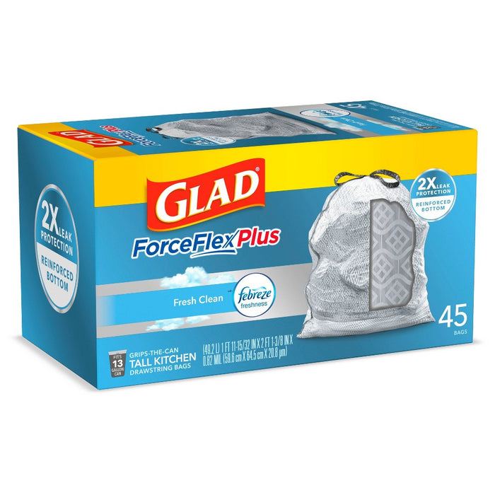 Glad Tall Kitchen Drawstring Trash Bags - ForceFlexPlus - 13 Gallon - White Febreze Fresh Clean - 45ct