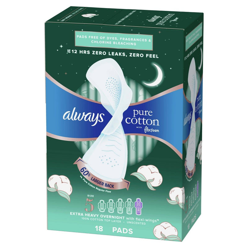 Always Extra Heavy Overnight Pure Cotton Pads with Wings - Size 5 - 18ct