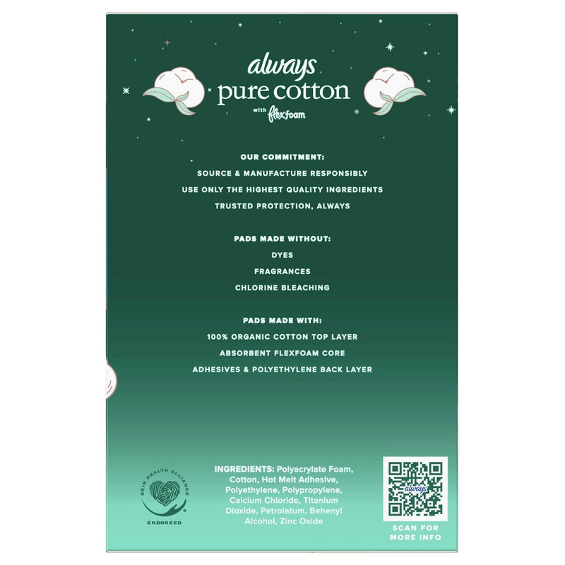 Always Extra Heavy Overnight Pure Cotton Pads with Wings - Size 5 - 18ct