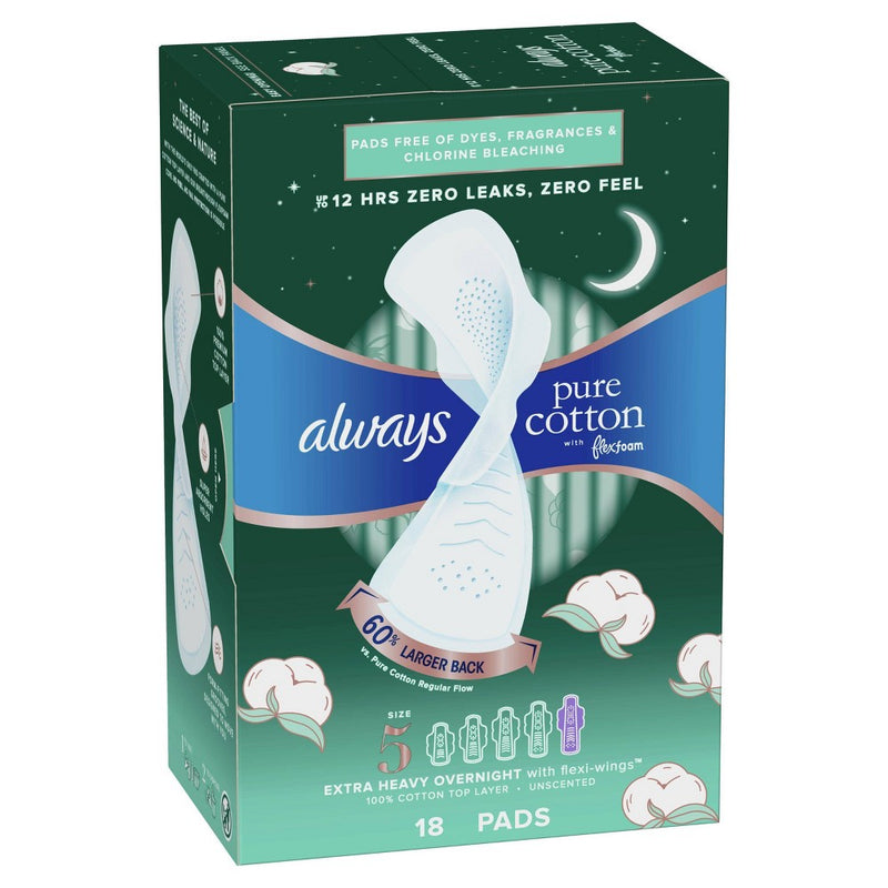 Always Extra Heavy Overnight Pure Cotton Pads with Wings - Size 5 - 18ct