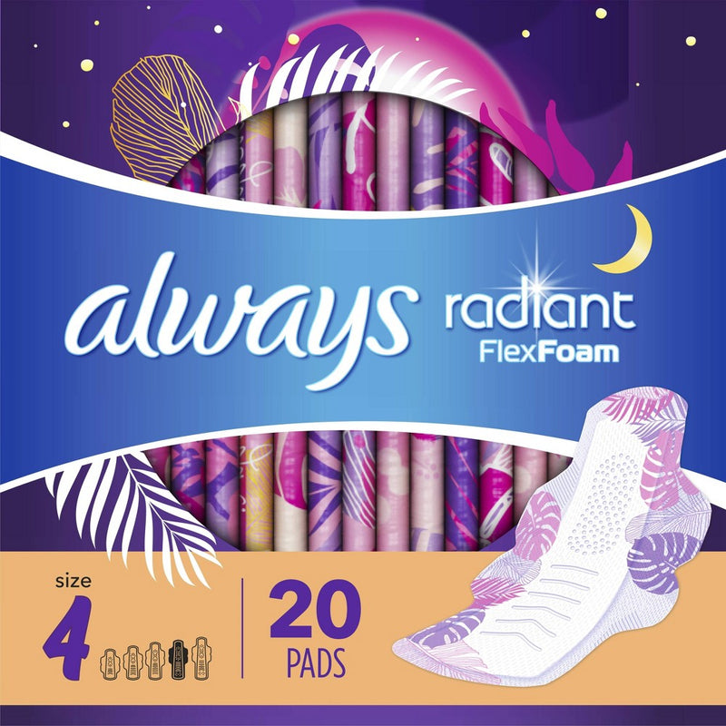 Always Radiant Flexfoam Overnight Absorbency Pads with Wings - Scented - Size 4 - 20ct
