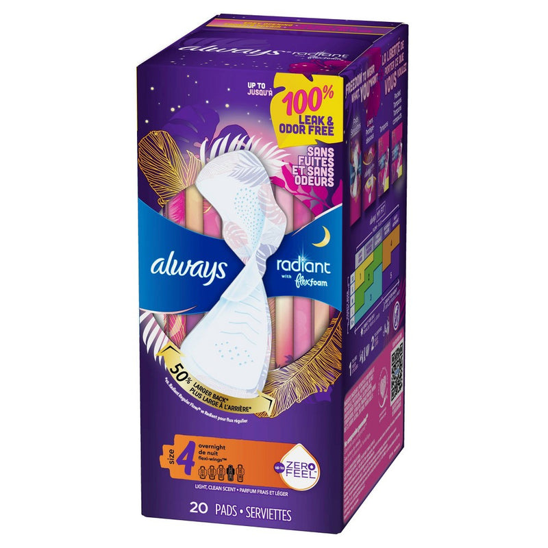 Always Radiant Flexfoam Overnight Absorbency Pads with Wings - Scented - Size 4 - 20ct