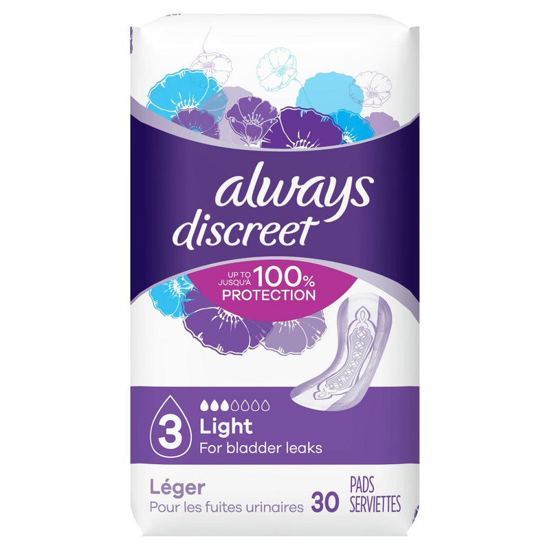 Always Discreet Incontinence & Postpartum Incontinence Pads - Light Absorbency - 30ct