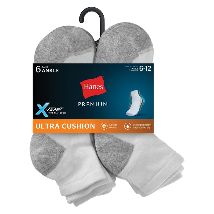 Hanes Premium Men's Xtemp Ultra Cushion 6pk Ankle Socks - White 6-12