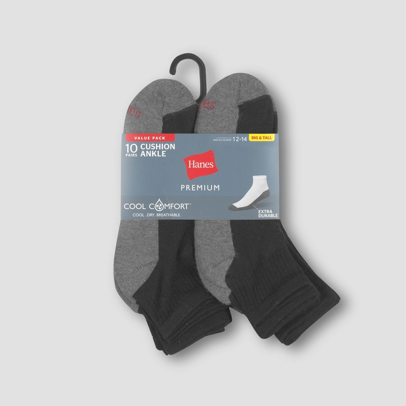 Men's Hanes Premium 10Pk Black Ankle Socks