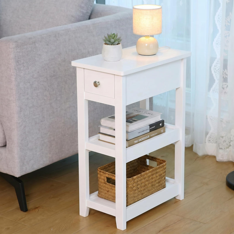 SEJOV Narrow Side Table, Small White End Table With Drawer And 2 Shelves (LOCAL PICKUP ONLY)