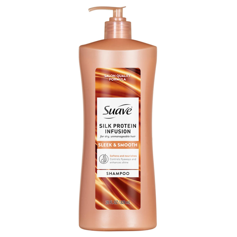 Suave Silk Protein Smooth & Sleek Shampoo For Dry, Unmanageable Hair, Anti-Humidity + 48HR Frizz Control, Enhances Shine, 28 FL OZ Pump